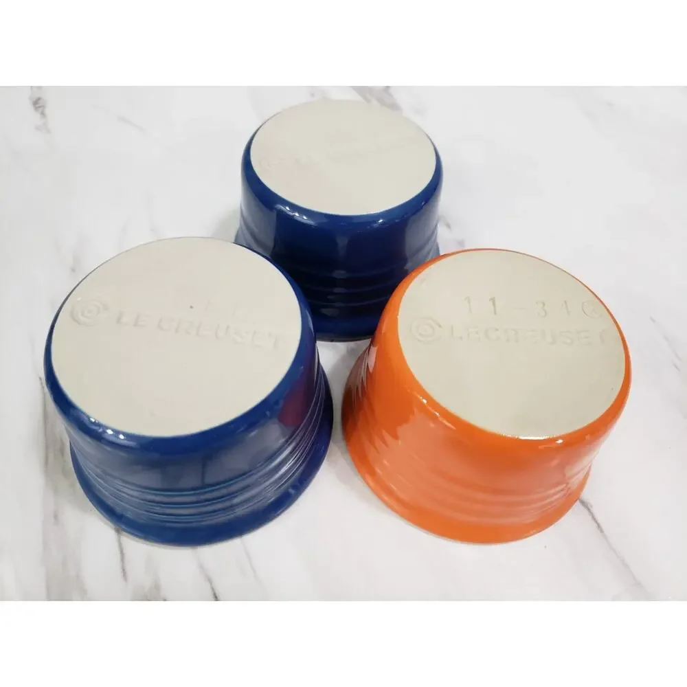 Lot 3 Le Creuset Ramekin Small Blue Orange‎ Bowl 4 Oz